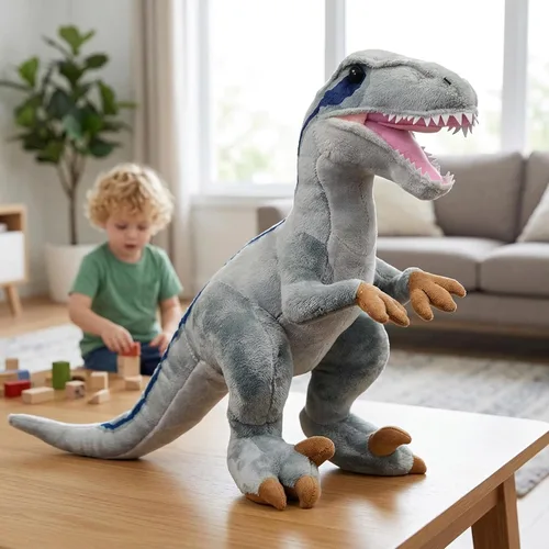 Vista 2 de Velociraptor - Juguete de peluche de dinosaurio tiranosaurio gris de 17 pulgadas, figuras de dinosaurio, tiranosaurio, juguetes de peluche suaves