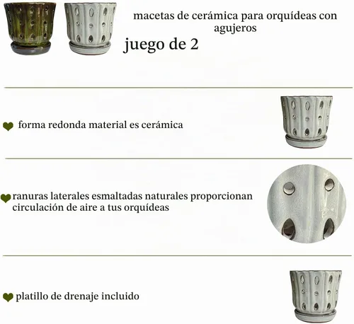 Vista 4 de Macetas para Orquídeas de 4.9 Pulgadas Macetas de Cerámica para Orquídeas con Agujeros Juego de 2 (verde musgo+blanco)