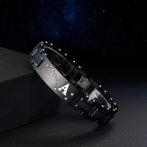 Vista 4 de Pulsera de dos tonos de acero inoxidable para hombre, chapado en iones negro y azul, regalo para hombres, marido, padre