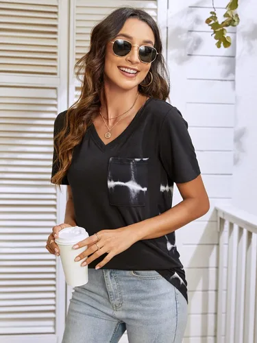 Vista 4 de Blooming Jelly Blusas de manga corta con estampado de leopardo para mujer, cuello en V, con bolsillo