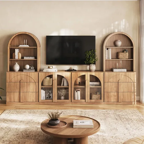 Vista 17 de BELLEZE Centro de entretenimiento modular de 4 piezas con almacenamiento, 2 vitrinas de madera moderna con gabinete arqueado y 2 armarios de puerta