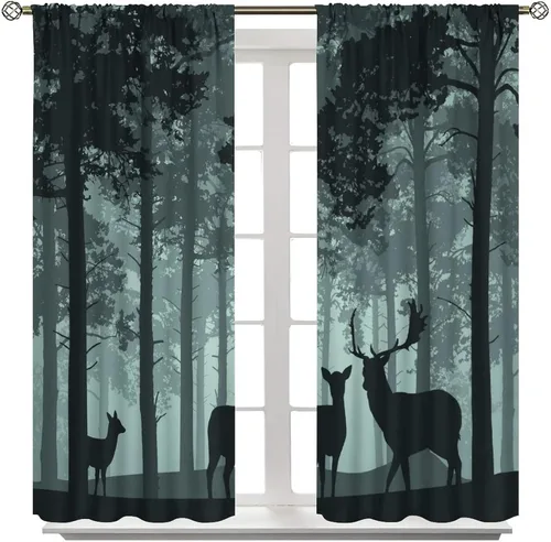 Vista 37 de Cortinas opacas con diseño de ciervos, bosque brumoso, rústico, vida silvestre, alce, montaña, pájaros, pino, bosque, cortinas de ventana