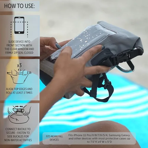 Vista 7 de geckobrands Bolsa impermeable para teléfono con bolsa seca de 2 L y correa ajustable, protege tu teléfono y objetos de valor mientras estás