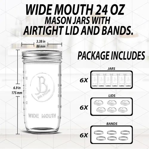 Vista 5 de Wide Mouth Mason Jars 24 oz - (6 Pack) - Clear Glass Pint and a Half Mason Jars With Airtight Lids and Bands. For Storage, Canning, Fermenting, Cold