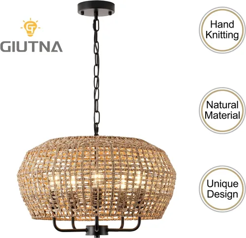 Vista 7 de Lámpara de araña de ratán bohemio de 20 pulgadas para comedor, 5 luces tejidas a mano de ratán natural con cadena ajustable, enchufes E12