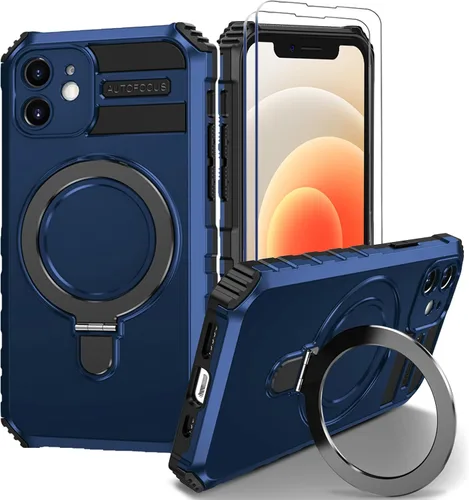 Vista 16 de Funda magnética para iPhone 11 [compatible con MagSafe] con 2 protectores de pantalla de vidrio templado con soporte de anillo, grado militar Azul