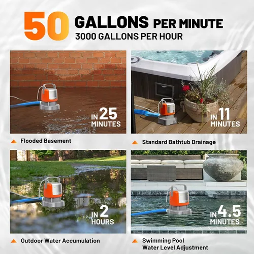 Vista 5 de Smartbot Bomba de agua sumergible de 1/2 HP 3000 GPH, pequeña bomba eléctrica portátil, bomba de agua de transferencia para piscina, tina, jardín