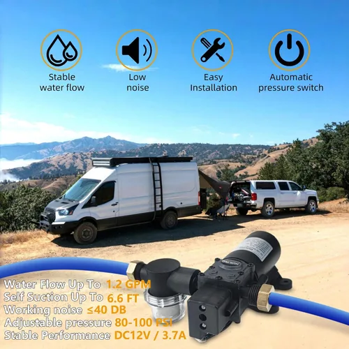 Vista 4 de Bomba de Diafragma DC de 12 V, Bomba Autocebante con Filtro, Terminal de Conexión Rápida, Bomba de Pulverización Ajustable con Interruptor