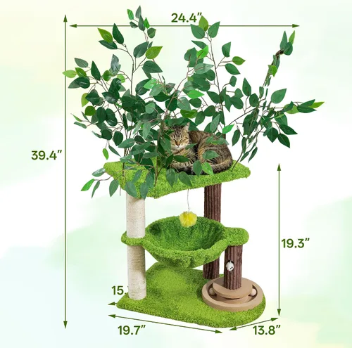 Vista 2 de Woochpet Árbol para gatos de 33.5 pulgadas con hojas para gatos de interior Verde