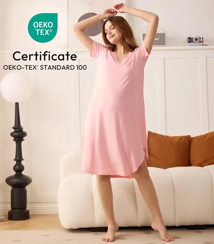 Vista 2 de NACHILA Camisones para mujer, viscosa hecha de bambú, cuello en V, manga corta, ropa de dormir fresca