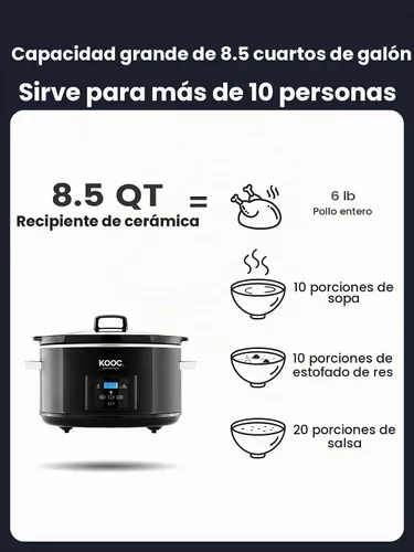 Vista 4 de LANZAMIENTO NUEVO] Olla de cocción lenta programable KOOC de 8.5 cuartos, más grande que 8 cuartos, más práctica que 10 cuartos, con temporizador