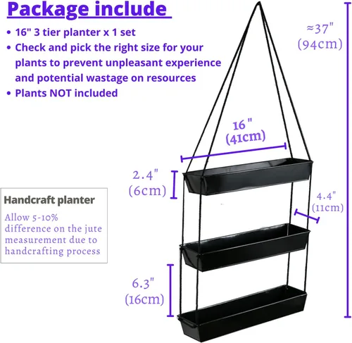 Vista 2 de LaLaGreen - Maceta escalonada de 16 pulgadas para plantas suculentas de interior, maceta rectangular moderna de metal negro de 3 niveles