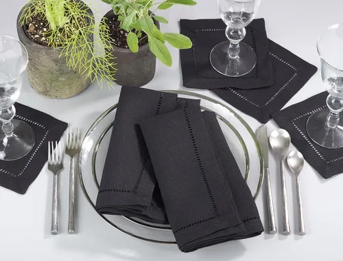 Vista 2 de SARO LIFESTYLE Servilleta de cóctel con borde cosido (juego de 12), negro, 6"x6