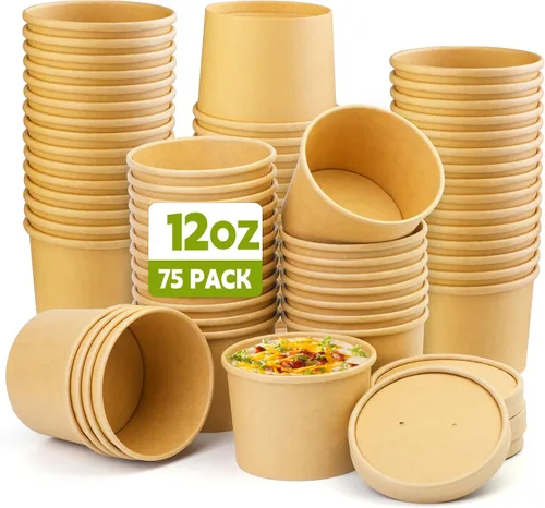 Vista 9 de Paquete de 50 recipientes de sopa con tapas, vasos desechables de 12 onzas con tapas, cuencos de papel para sopa con tapas, recipientes de sopa