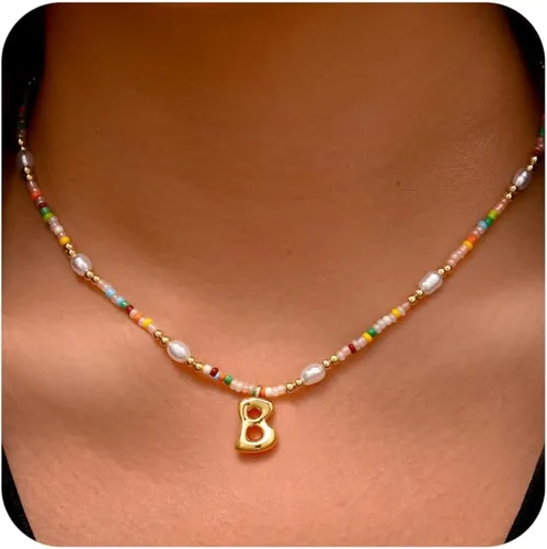 Vista 46 de Ritach - Regalos de Navidad para nietas, adolescentes y niñas, collar con inicial de perlas de colores claros, collar con dije de burbuja dorada