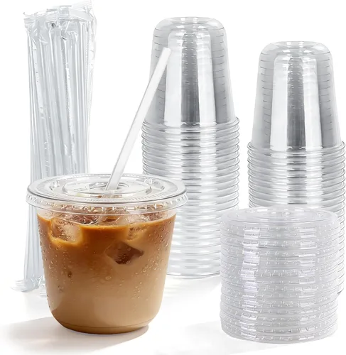 Vista 10 de Astomi Vasos de plástico desechables de 10 onzas, tazas de café helado transparentes con tapas y pajitas, vasos de plástico resistentes y seguros