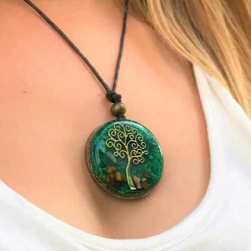 Vista 2 de Collar de orgón, árbol de la vida, protección - cristales curativos, piedra física, mental y espiritual -cuarzo, malaquita, ojo de tigre - bobina