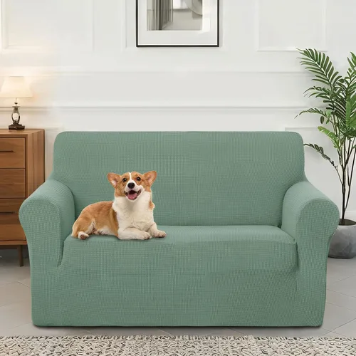 Vista 30 de Funda elástica para sofá, lavable, protector de muebles con espuma antideslizante y parte inferior elástica para niños, perros (sofá biplaza/beige)