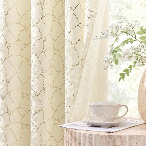 Vista 12 de Cortinas marrones y doradas de 63 pulgadas de largo, 2 paneles de cortinas geométricas para oscurecer la habitación, cortinas con ojales, estampado