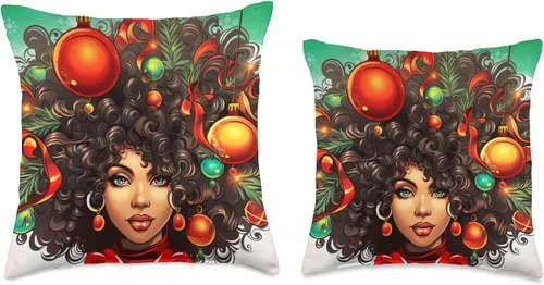 Vista 3 de Black women Christmas ornament melanin curly hair Melanin Christmas Queen Xmas Black Girl Magic Ornament - Almohada de 16 x 16 pulgadas, multicolor