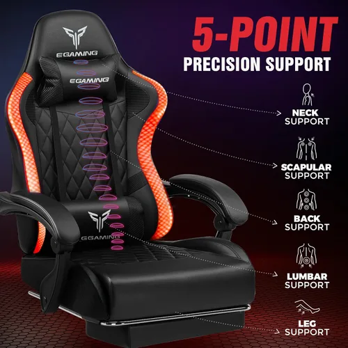 Vista 6 de EXRACING Silla de juegos con reposapiés ergonómica de cuero sintético con respaldo alto y luces LED RGB, reposabrazos de enlace y reposacabezas
