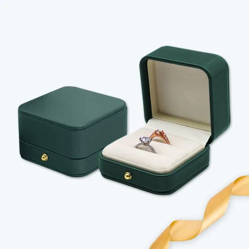 Vista 3 de Caja de compromiso de boda, caja de compromiso verde, caja cuadrada de terciopelo de cuero, caja para anillos de joyería de terciopelo de alta