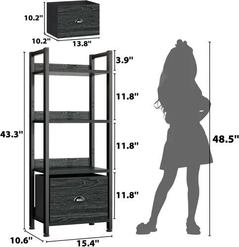 Vista 3 de Furologee Estantería de 4 niveles con cajón, estantería pequeña y estrecha, estante de pie de madera y metal, estantes de almacenamiento