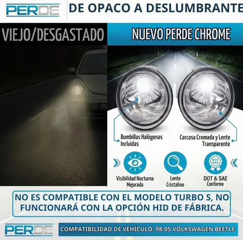 Vista 2 de PERDE set de luces delanteras cromadas, halógenas con cristales de rendimiento, para 1998-2005 Volkswagen Beetle.