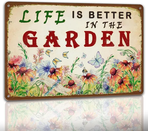 Vista 11 de Letreros de metal retro para jardín, decoración al aire libre, letrero de jardín con planta A, regalo de jardinería para mujeres, divertido arte