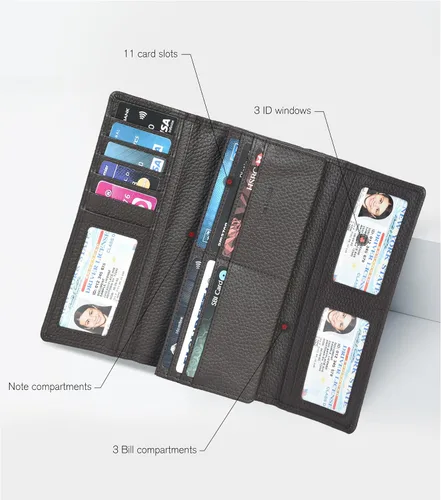 Vista 2 de Carteras de piel con bloqueo RFID, para cheques, con 11 ranuras para tarjetas, para mujer, cartera Rfid