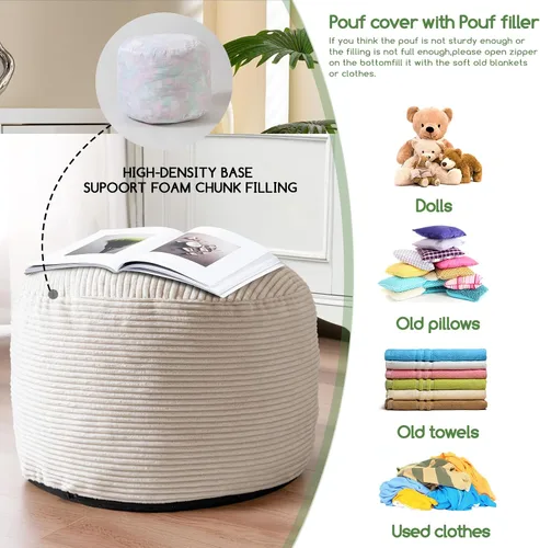 Vista 4 de HIGOGOGO Puf Otomán Redondo Relleno, Pufs de Pana con Relleno de Trozos de Espuma, Puf Peludo y Esponjoso Reposapiés Otomán de Almacenamiento, 20 X