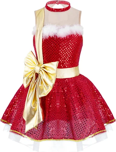 Vista 3 de Aislor Disfraz de Papá Noel de Navidad para niños y niñas, disfraz de princesa de patinaje sobre hielo, ballet y baile, tutú