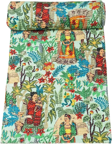Vista 6 de Marubhumi Colcha de algodón puro Kantha con diseño tradicional indio de Farida (beige, individual (60 x 90 pulgadas)