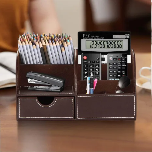 Vista 4 de Organizador de escritorio, organizador de escritorio de piel sintética y accesorios, suministros de oficina, almacenamiento multifuncional con 6
