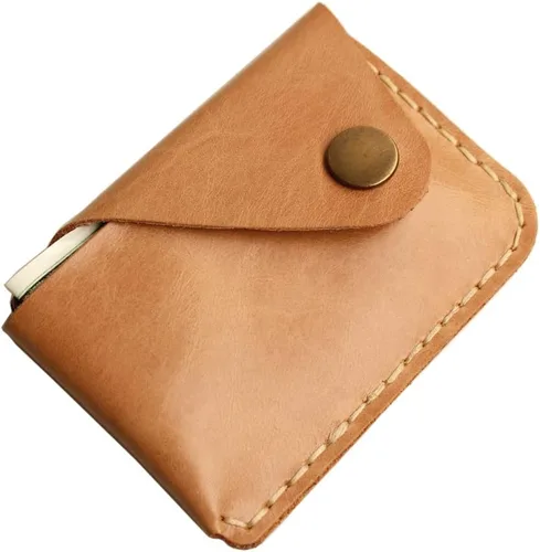 Vista 7 de Handmade cowhide card holder ultra-thin mini portable front pocket card case (Light yellow)