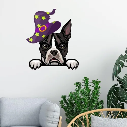 Vista 2 de Guangpat Calcomanías de Halloween de bruja Boston Terrier, calcomanías de pared de bienvenida de Halloween, arte de pared de perro Boston Terrier