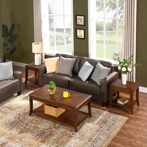 Vista 7 de Mesa auxiliar de madera maciza con estante de almacenamiento, mesa auxiliar rectangular vintage para sofá con mesa de empalme y patas talladas, mesa