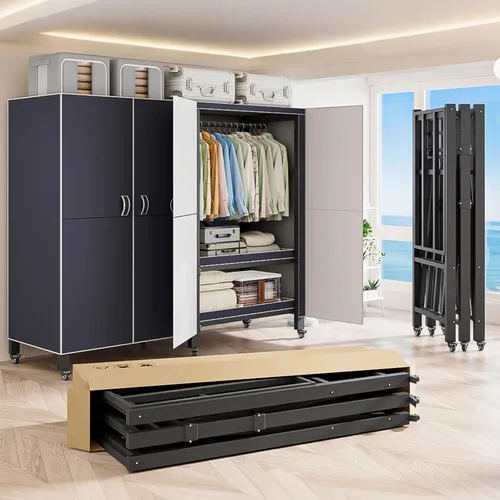 Vista 13 de Perchero cubierto resistente con puerta magnética, plegable, portátil, para colgar ropa, perchero de metal negro con ruedas (negro, 49.12 pulgadas)