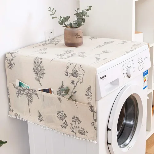 Vista 19 de vctops Funda de algodón y lino con estampado bohemio para nevera, a prueba de polvo, pompones, cubierta superior de lavadora multiusos con 6