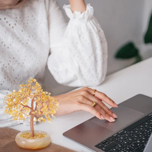 Vista 4 de Árbol bonsái de cristal citrino, escritorio de oficina, decoración de sala de estar, planta de árbol Fengshui de dinero de la suerte, regalos