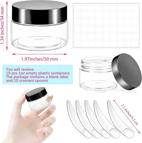 Vista 2 de Paquete de 15 tarros de plástico redondos transparentes de 1 onza con tapas, frascos pequeños para cosméticos de 1 fl oz, recipientes de maquillaje