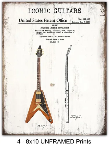 Vista 4 de Arte de pared de guitarra, icónico vintage, juego de póster con estampado de patente, regalo para fanáticos de la música, músico, guitarrista
