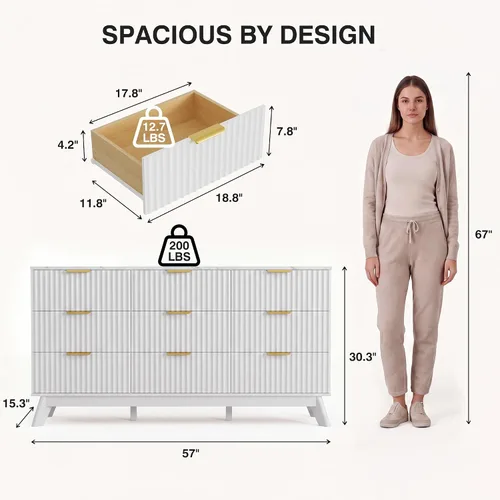 Vista 2 de JUMMICO Cómoda acanalada para dormitorio con 9 cajones, cómoda de 57