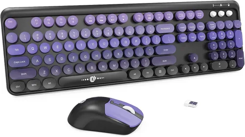 Vista 12 de Combo de teclado y mouse inalámbricos, 104 teclas redondas, lindo teclado y mouse inalámbricos coloridos con máquina de escribir retro, color negro