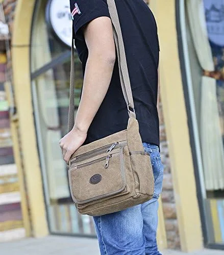 Vista 2 de Bolsa de mensajero pequeña de lona, bolsa de hombro casual, bolsa organizadora de viaje, bolso multibolsillo, bolso cruzado