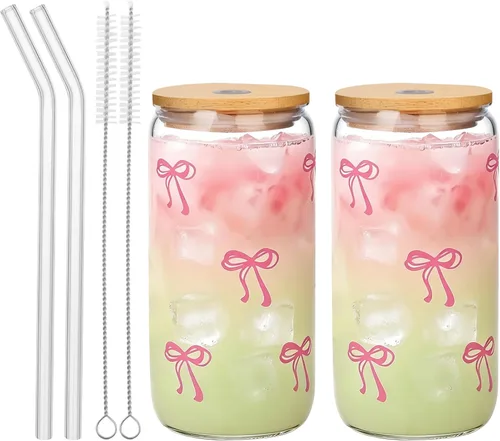 Vista 8 de Tazas de vidrio lindas con moño rosa y tapas y popotes, taza estética de café helado, taza de diseño preppy femenino, regalos de cumpleaños y San