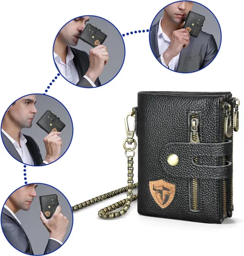Vista 6 de Handadsume Genuino caballo loco cuero viaje regalo moneda bolsillo tarjeta caso largo organizador cadena Rfid monedero con broche para hombres