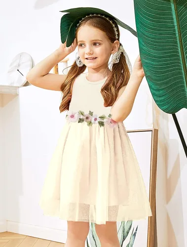 Vista 2 de Vestido de verano para niña de las flores tutú floral para niños sin mangas de punto princesa fiesta casual vestido de verano 2-7T