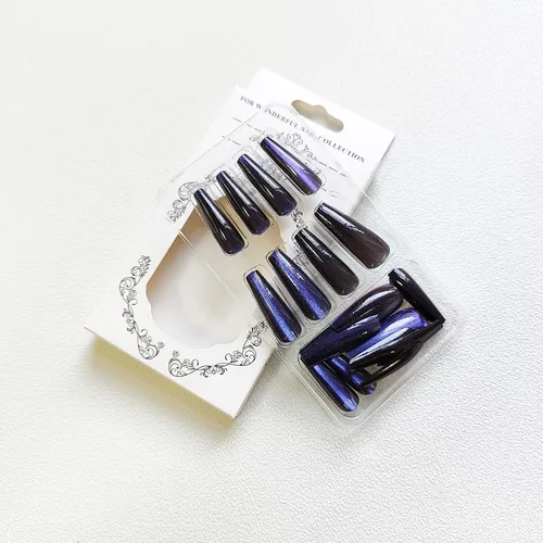Vista 4 de Uñas postizas a presión largas, con brillo azul y diseño, acabado acrílico brillante, de cobertura completa, uñas postizas reutilizables para l002