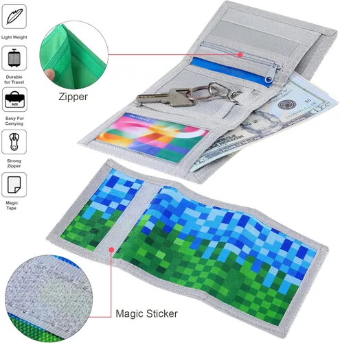 Vista 5 de Carteras de 3 piezas para niños y niñas de 6 a 18 años, billeteras de lona triples con adhesivo y bolsillo con cremallera para adolescentes, regalo